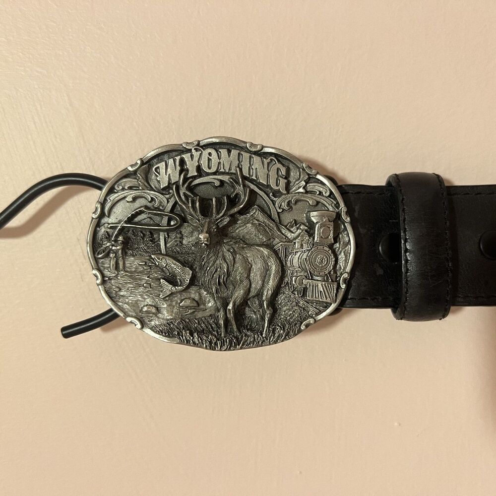 Resistol Mens 34 Black Genuine Leather Western Belt Siskiyou Wyoming Buckle